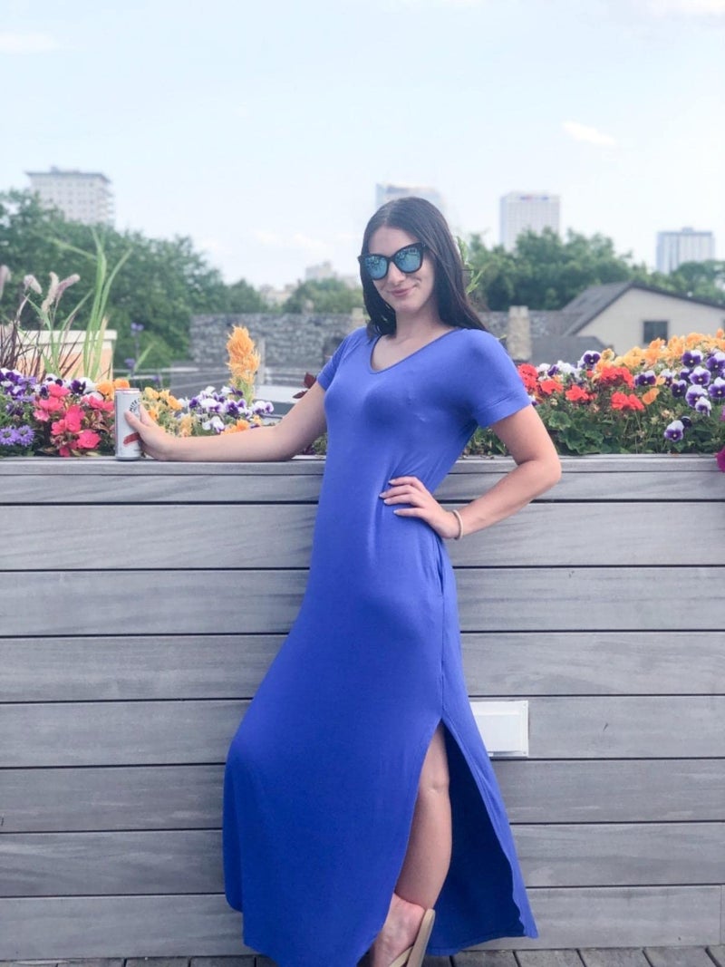 GRECERELLE Women's Maxi Dress Summer Casual Loose Side Split Short Sleeve V Neck Long Dresses with Pockets, Royal Blue, Large - Image 3